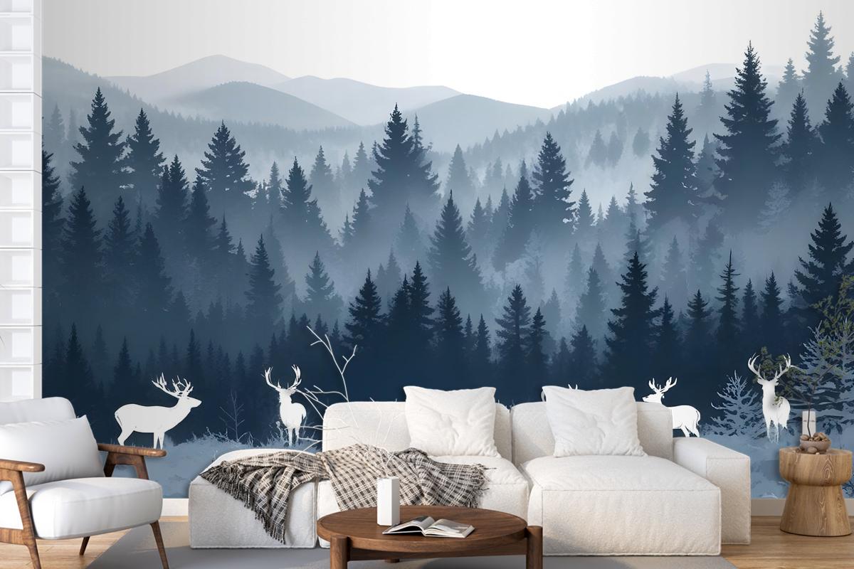 Misty Forest Landscape And Horned Deer Wallpaper Mural