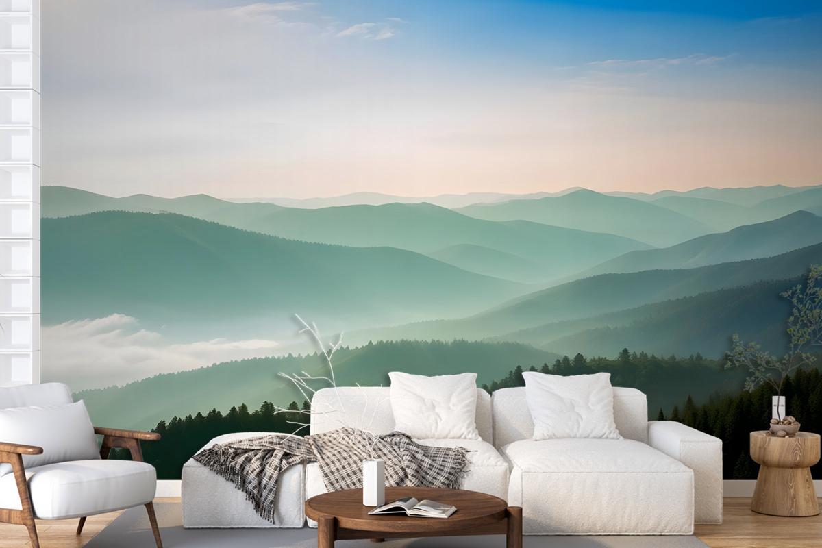 Misty Mountain Green Forest Scenic Wallpaper Mural