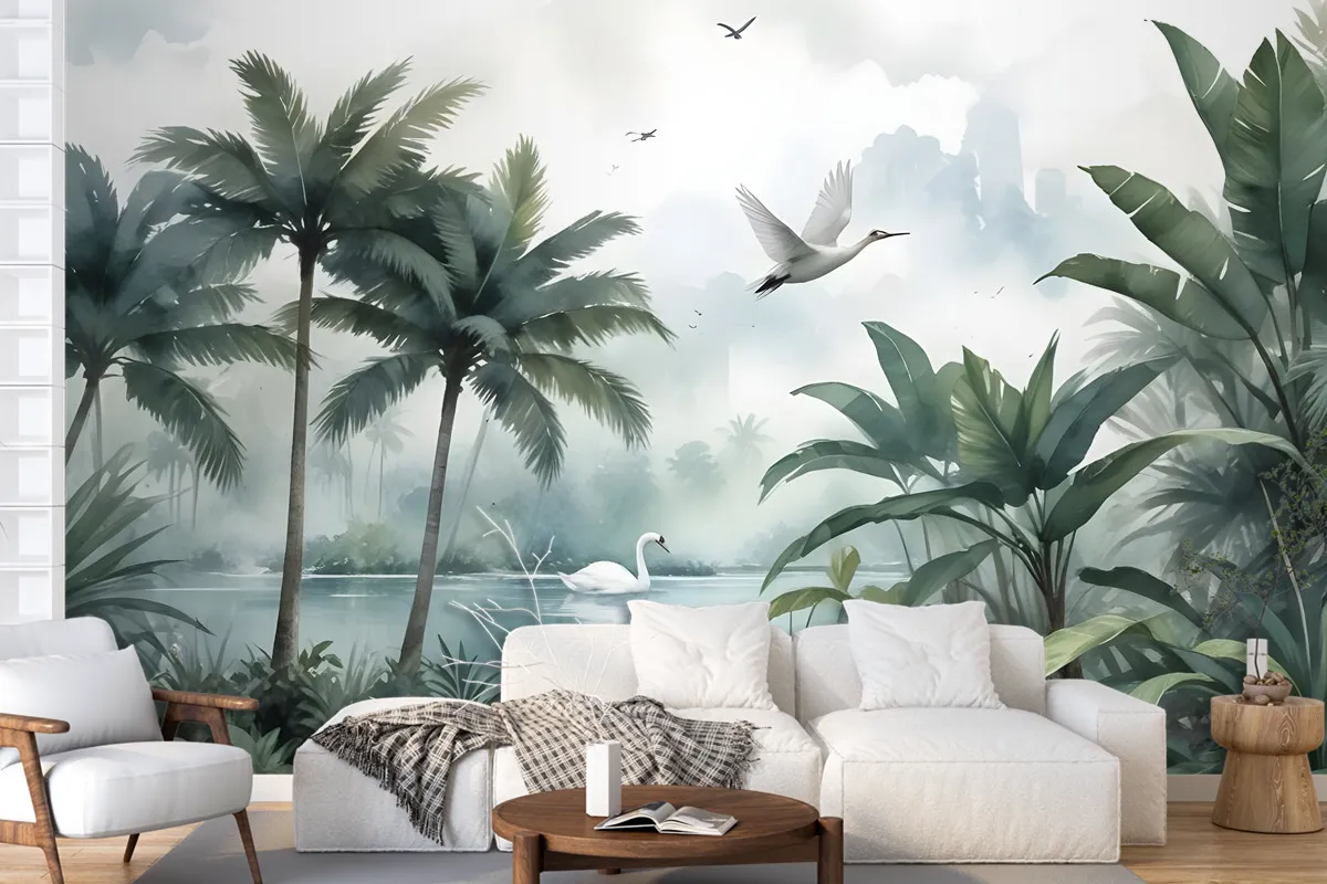 Misty Tropical Forest With Lake Wallpaper Mural