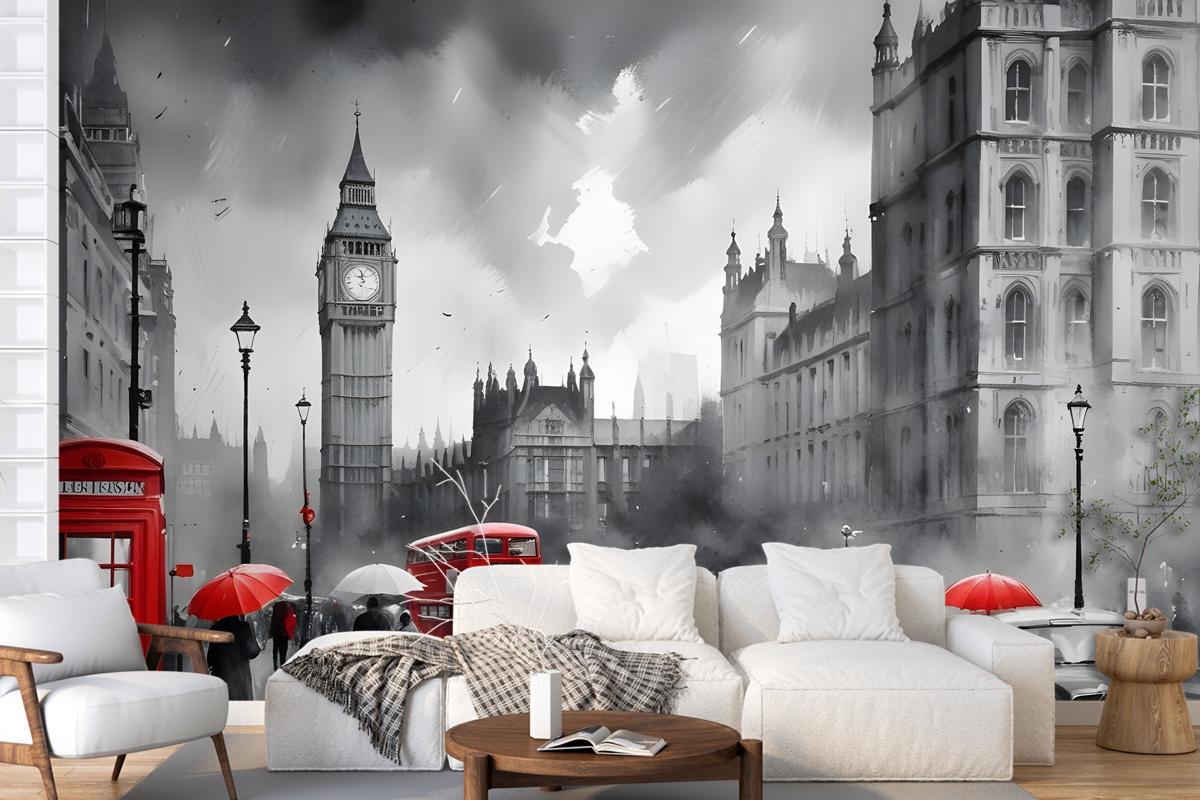 Monochrome Charcoal City Landscape And Red Bus Wallpaper Mural