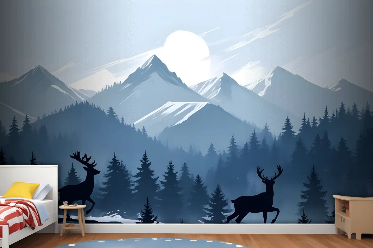 Monochrome Dark Blue Snowy Forest With Horned Deer Silhouette For Kids Wallpaper Mural