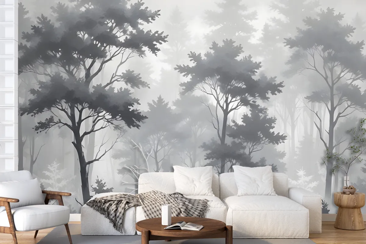 Monochrome Forest Silhouette Landscape Wallpaper Mural