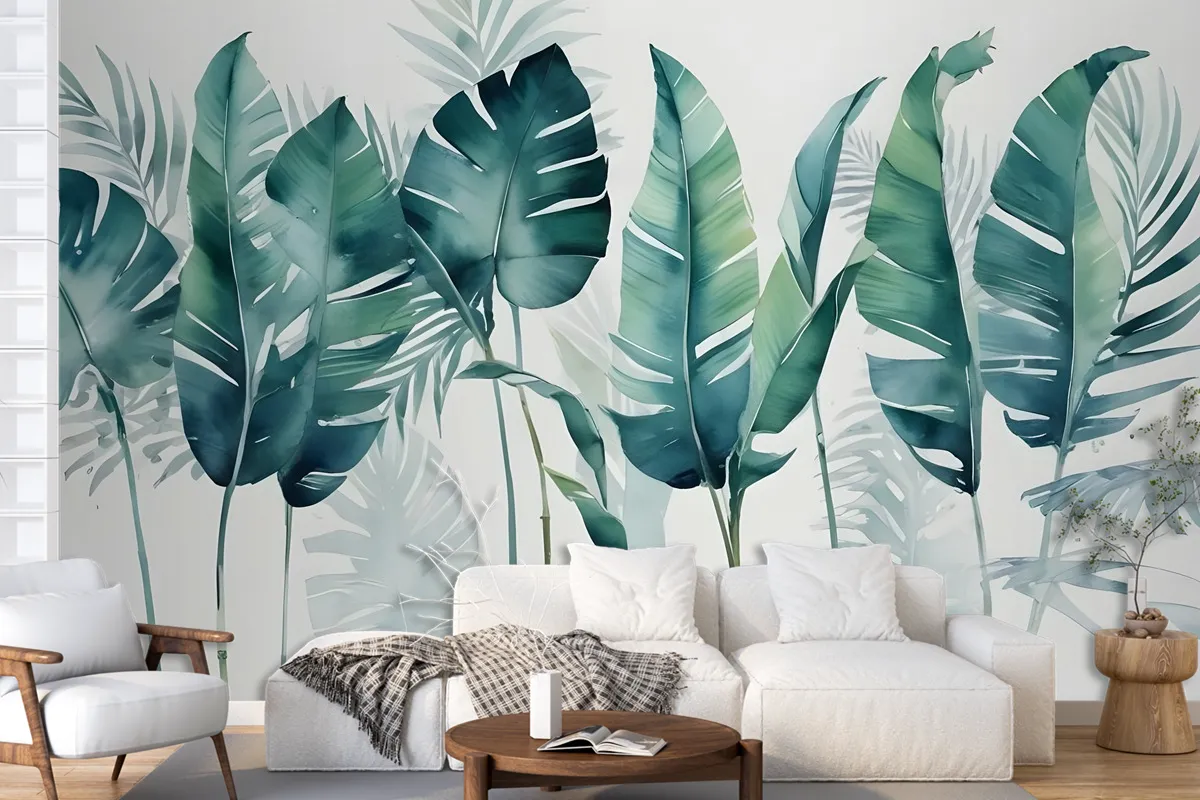 Monochrome Green Banana Leaf Wallpaper Mural