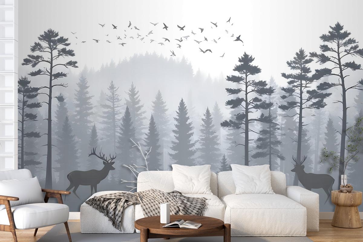 Monochrome Mountain And Forest Scape Wallpaper Mural