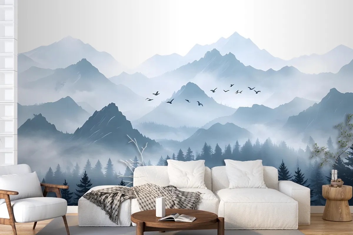 Monochrome Mountainscape With Misty Forest Wallpaper Mural