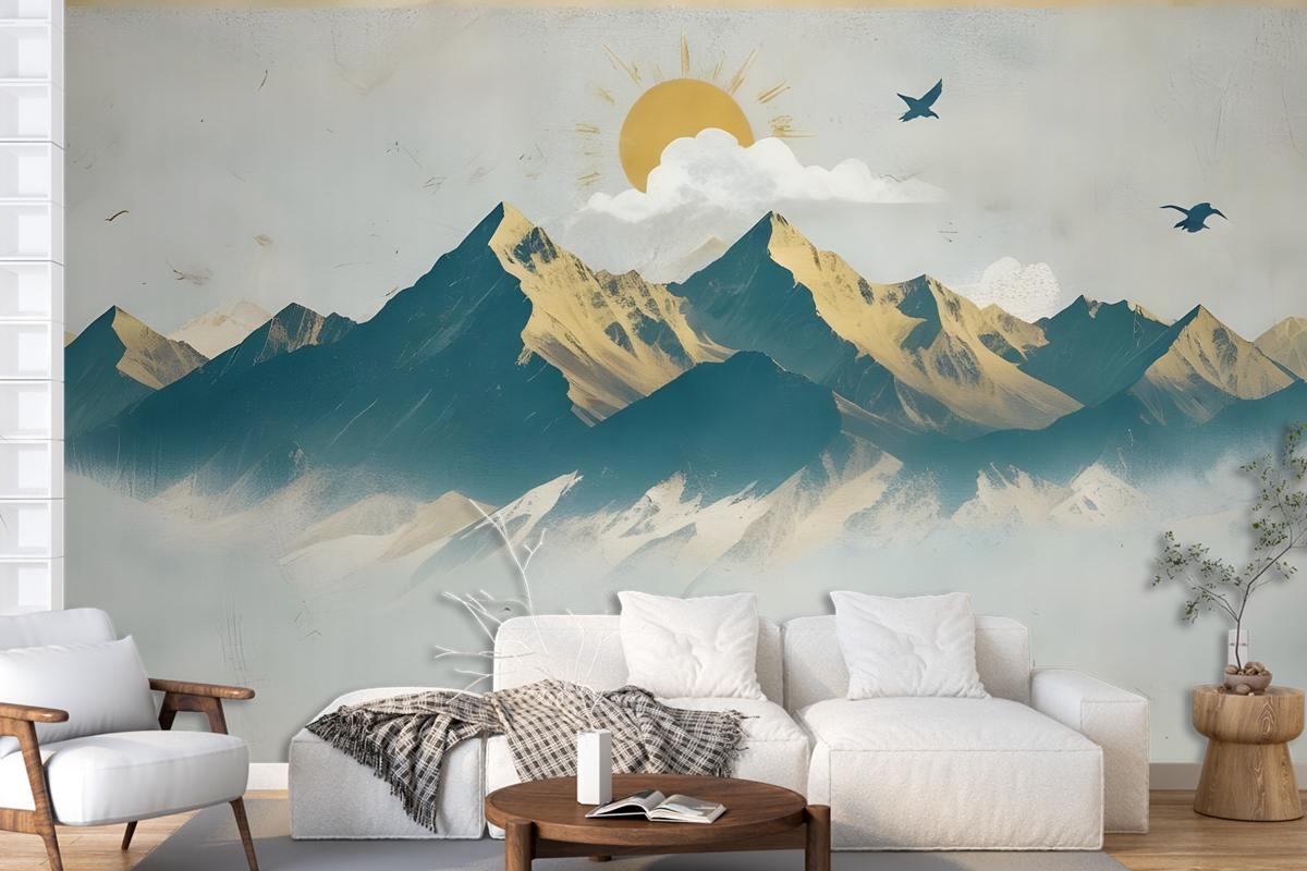 Mountain Sunrise Landscape And Old Plaid Texture Wallpaper Mural