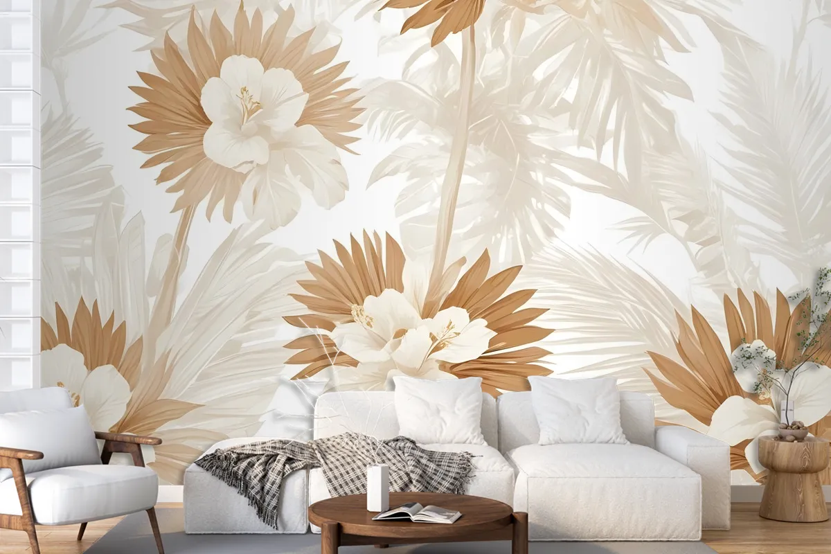 Neutral Boho Plants With Palm Leaf Wallpaper Mural