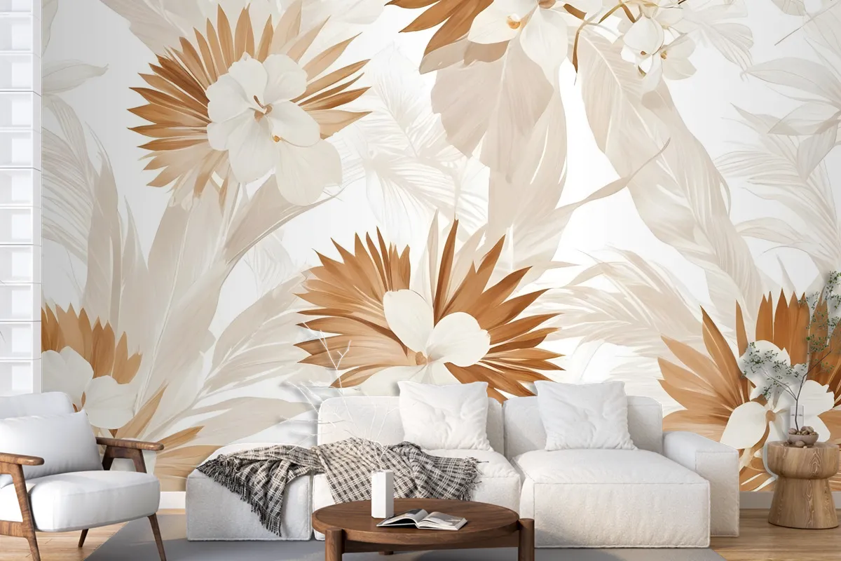 Neutral Boho Plants With Palm Leaf Wallpaper Mural