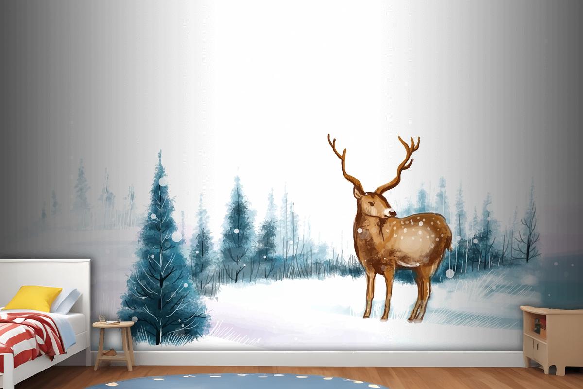 New Year And Christmas Tree Winter Landscape Background With Reindeer Wallpaper Mural