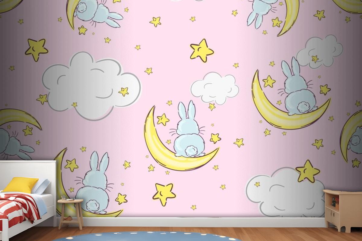 Night Sky Doodle Pattern With Cute Rabbits Sitting On Moons And Stars Seamless Wallpaper Mural