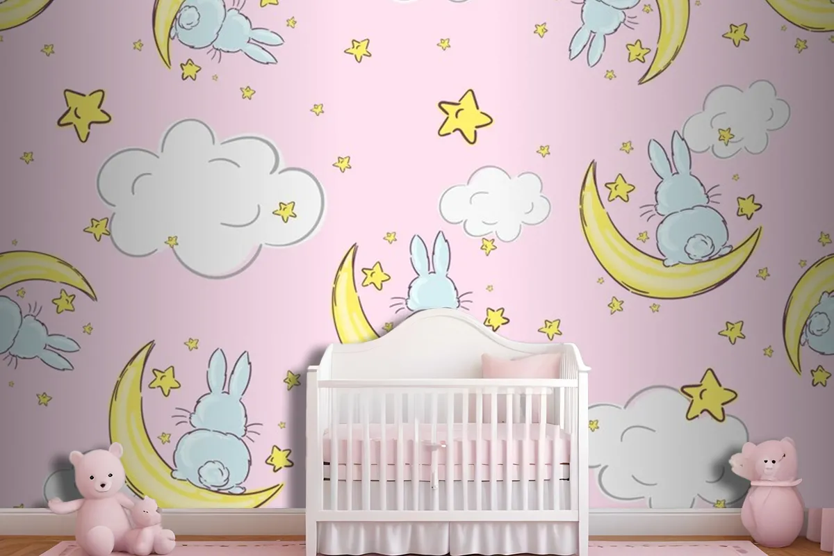 Night Sky Doodle Pattern With Cute Rabbits Sitting On Moons And Stars Seamless Wallpaper Mural