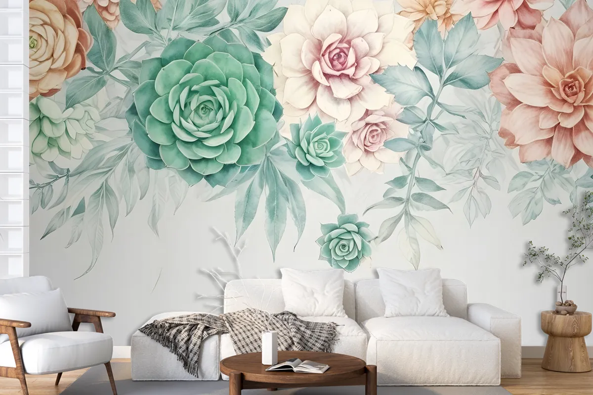 Nostalgic Soft Green Vine Floral Art Wallpaper Mural