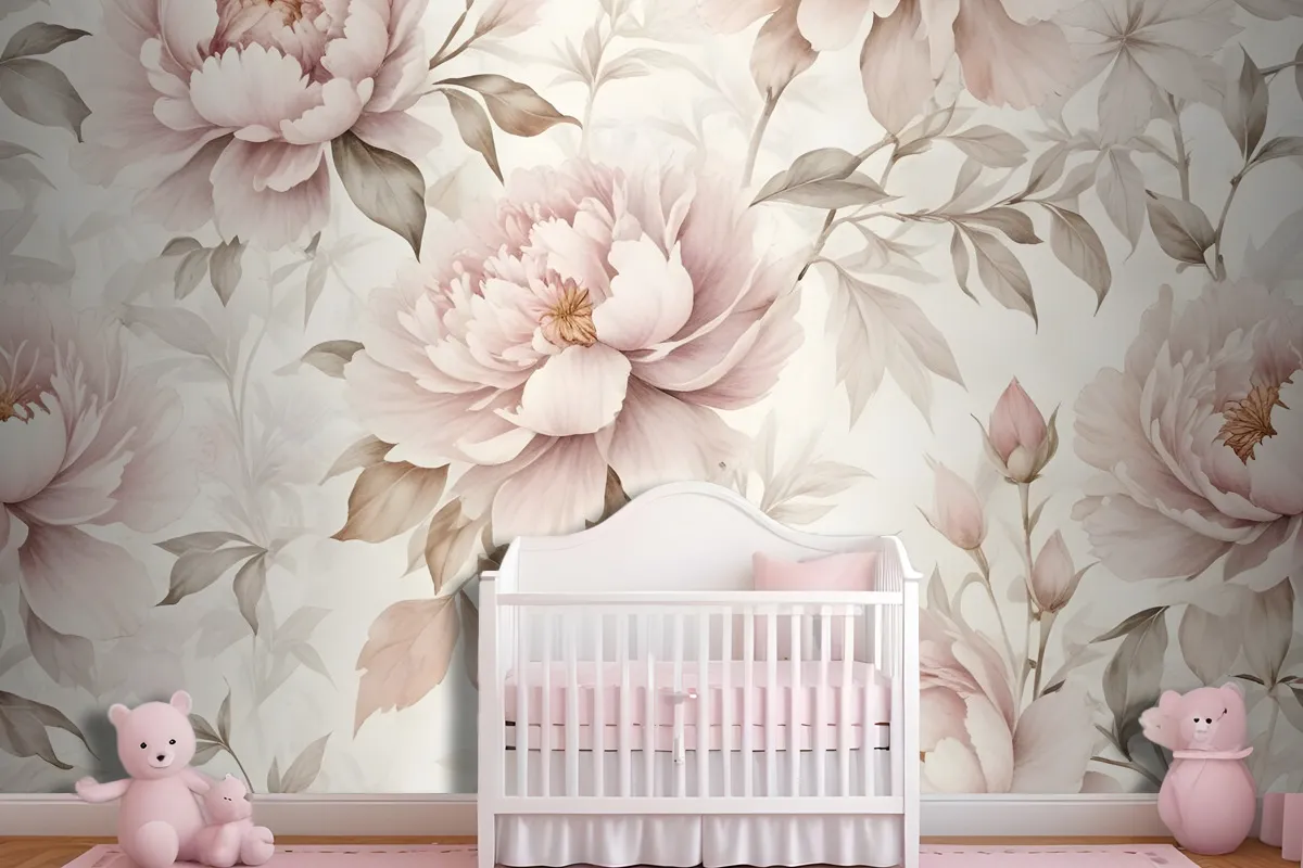 Nursery Pastel Peony Watercolor Floral For Girls Wallpaper Mural