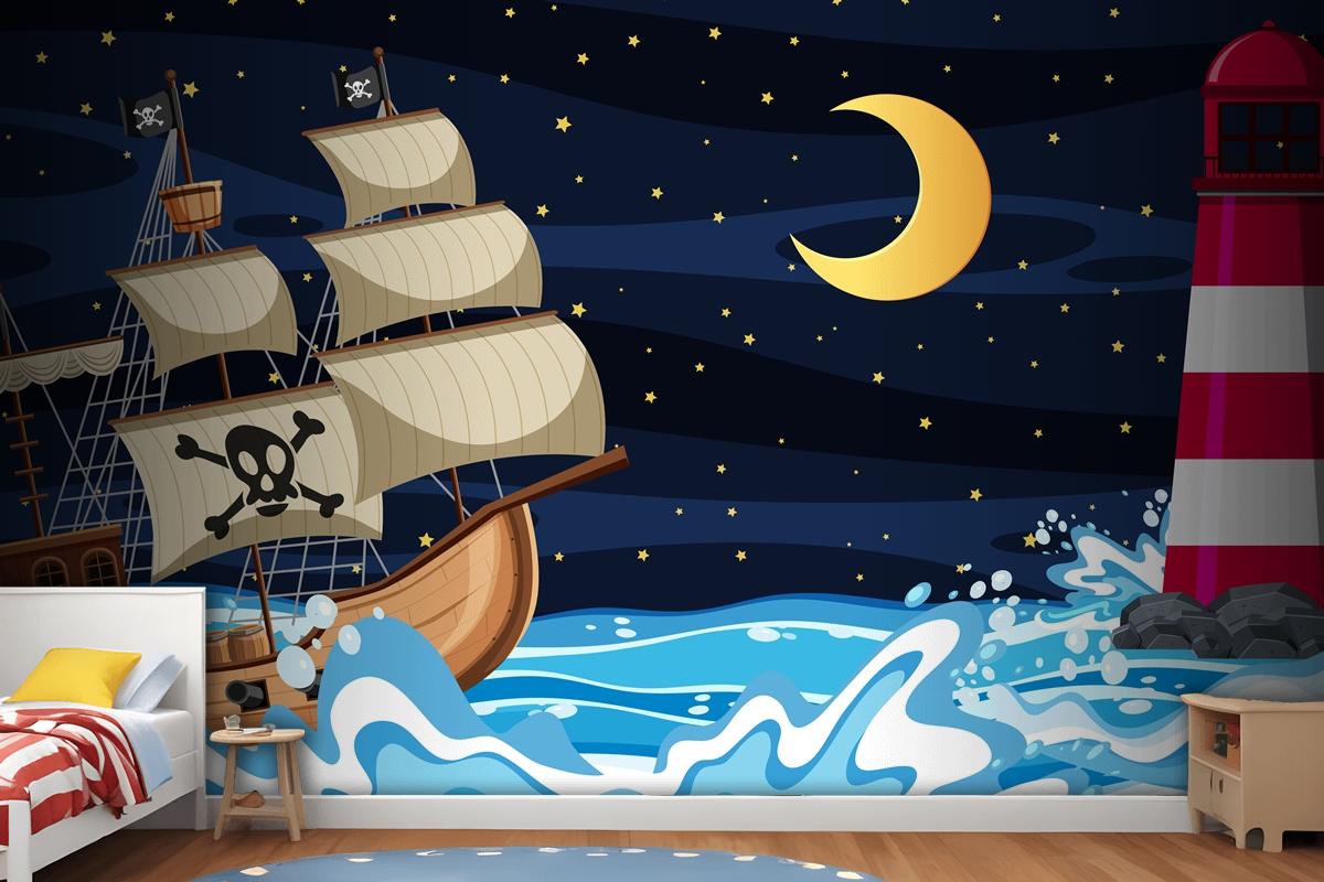 Ocean Scene At Night With Pirate Ship In Cartoon Style Wallpaper Mural