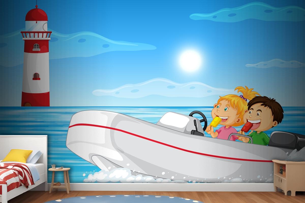 Ocean Scenery With Children On Motorboat Wallpaper Mural