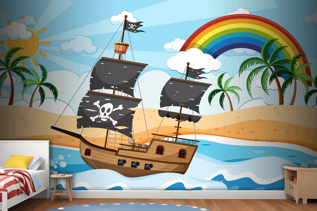 Ocean With Pirate Ship At Day Time Scene In Cartoon Style Wallpaper Mural