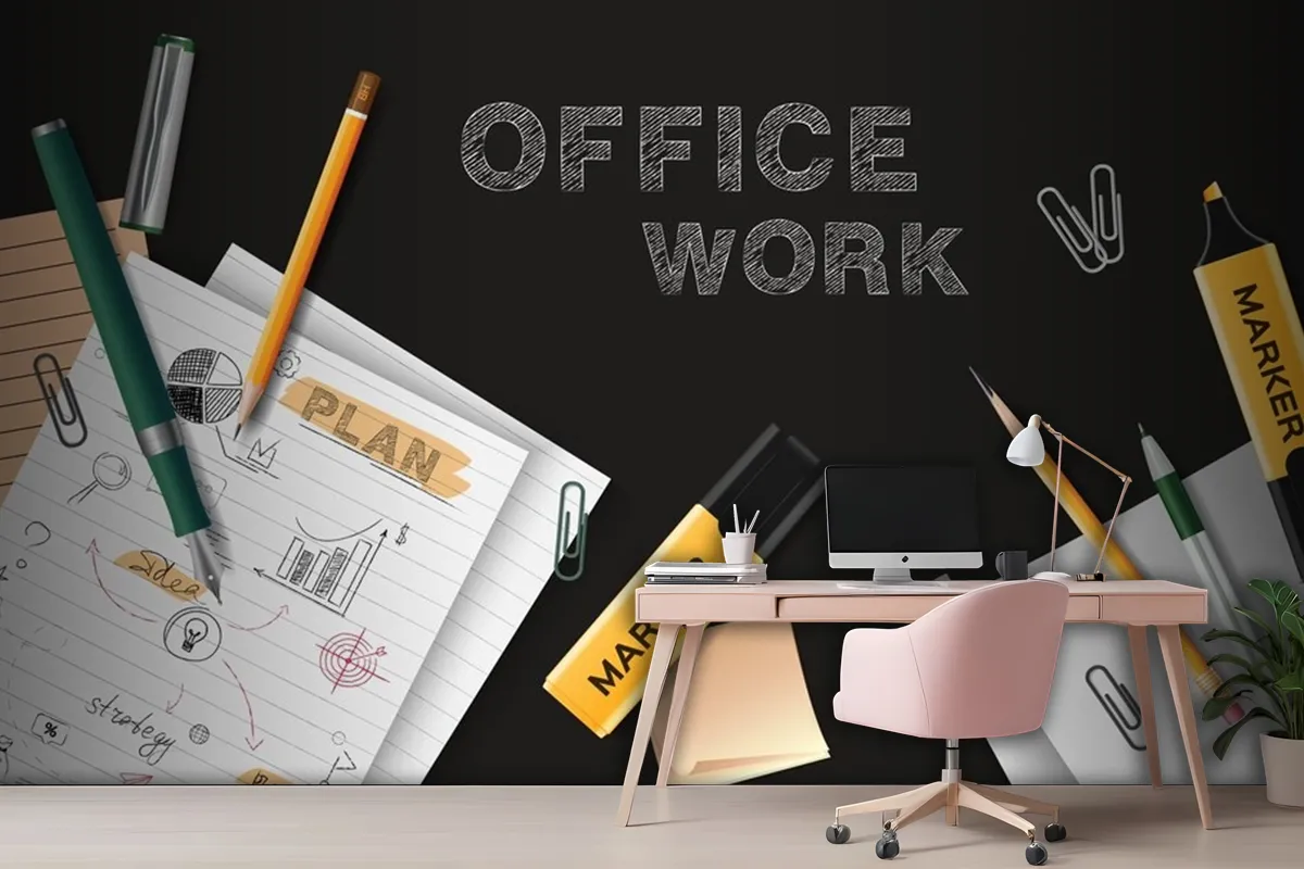 Office Work Black Chalkboard With Sheets Of Paper With Notes Scattered On It Realistic Wallpaper Mural