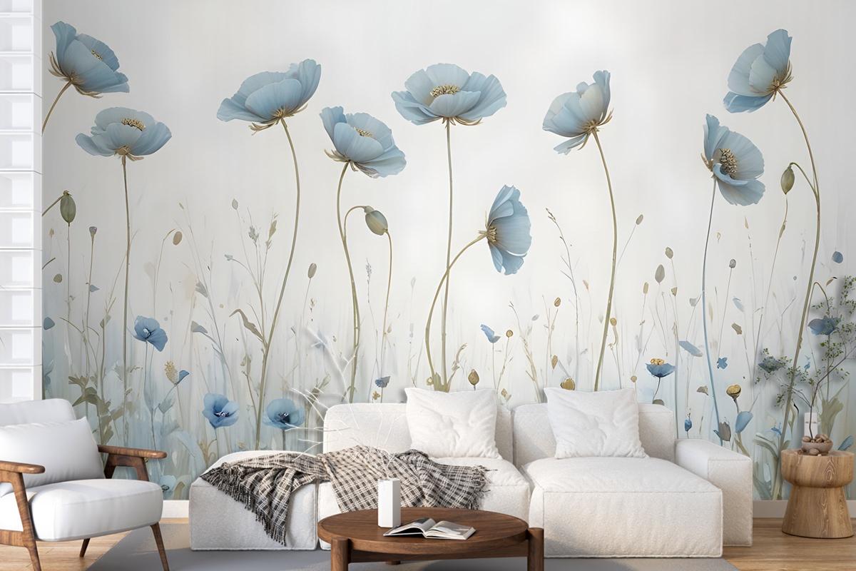 Oil Painting Blue Poppy Flowers Wallpaper Mural