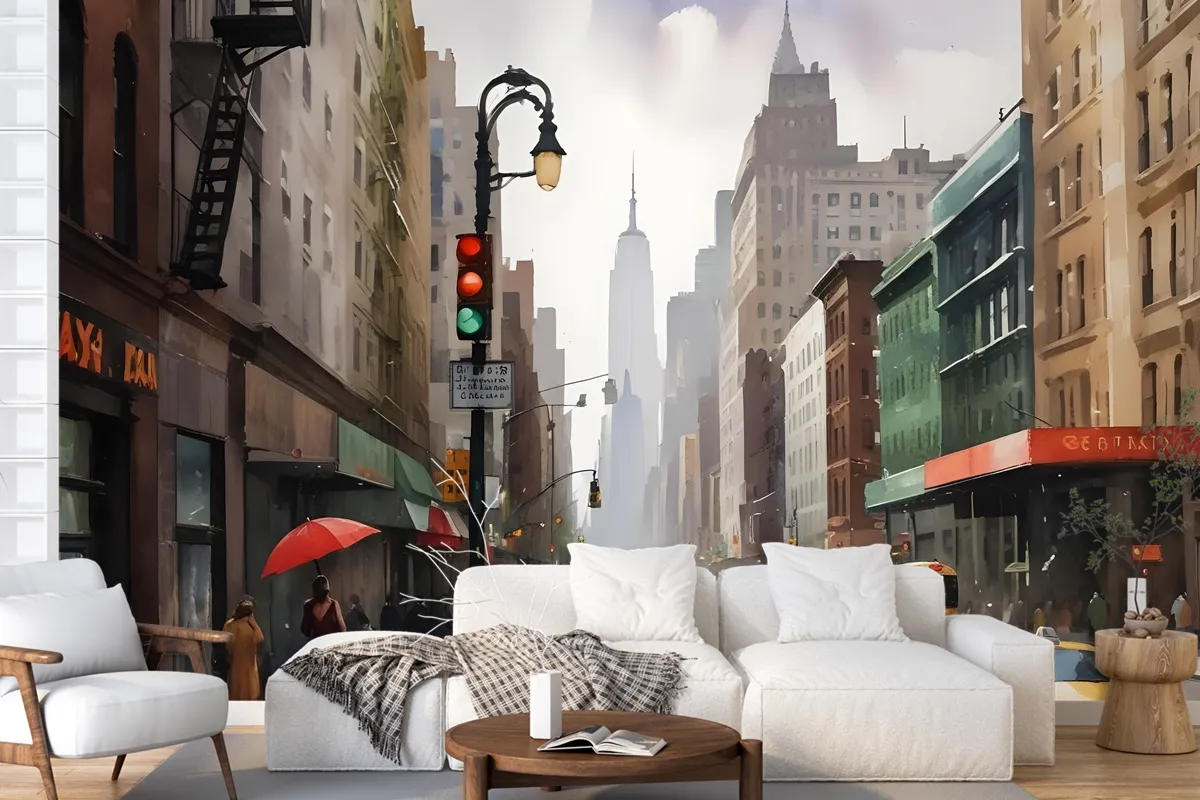 Oil Paintinging Style Street View Of New York City Landscape Wallpaper Mural