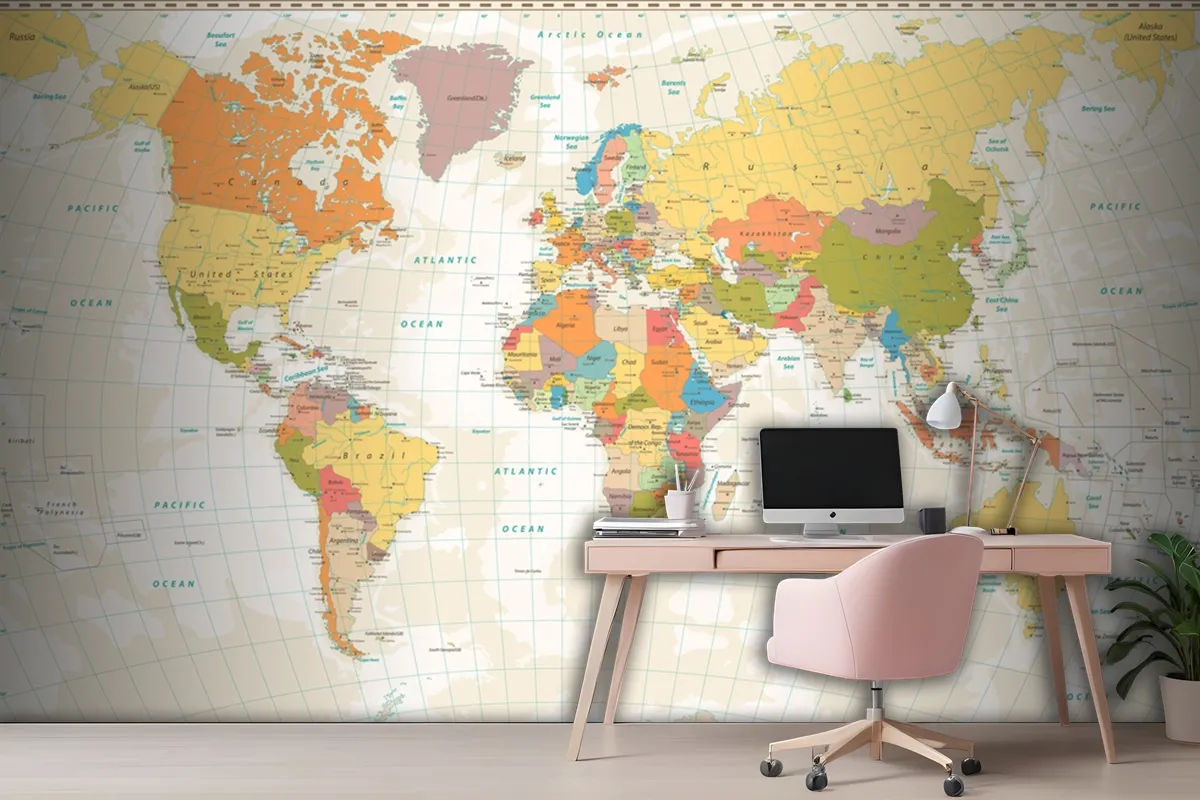 Old Retro World Map With Lakes And Rivers Wallpaper Mural