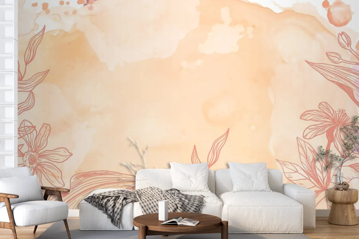 Orange Powder Pastel With Hand Drawn Flowers Background Wallpaper Mural