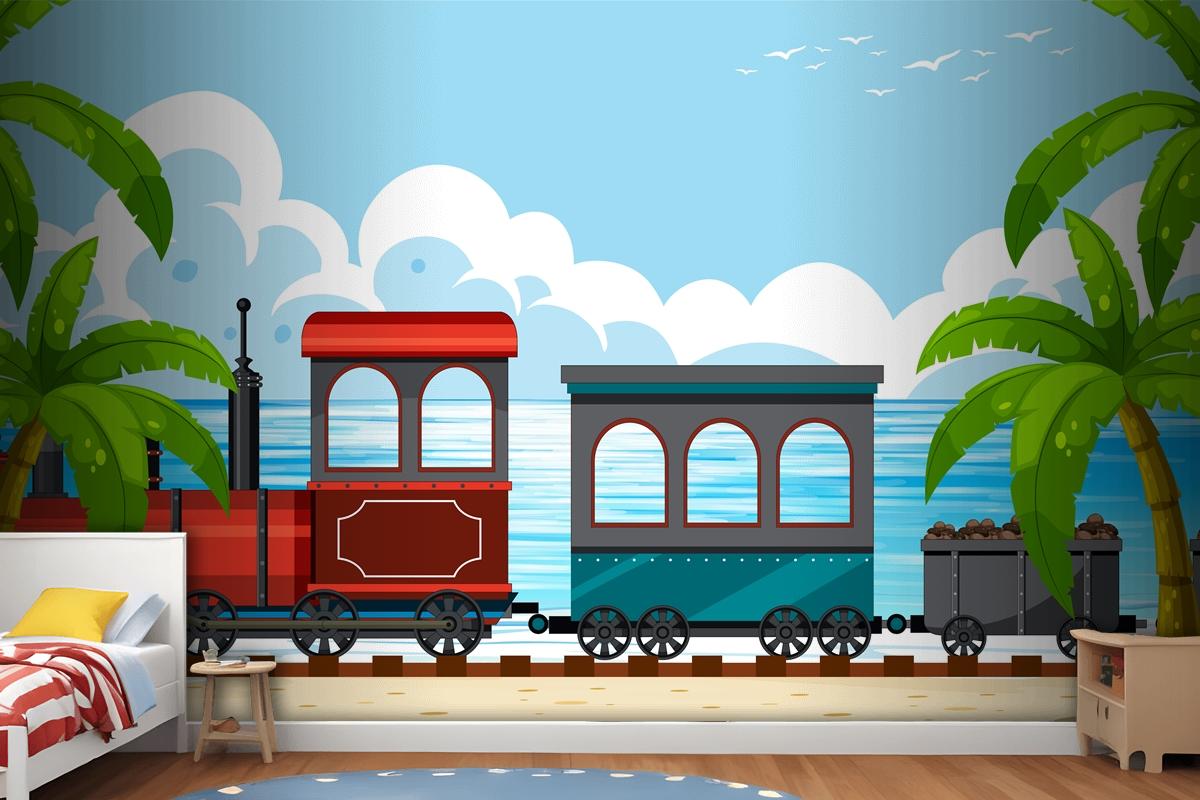 Outdoor Scene With A Steam Locomotive Train Boys Wallpaper Mural