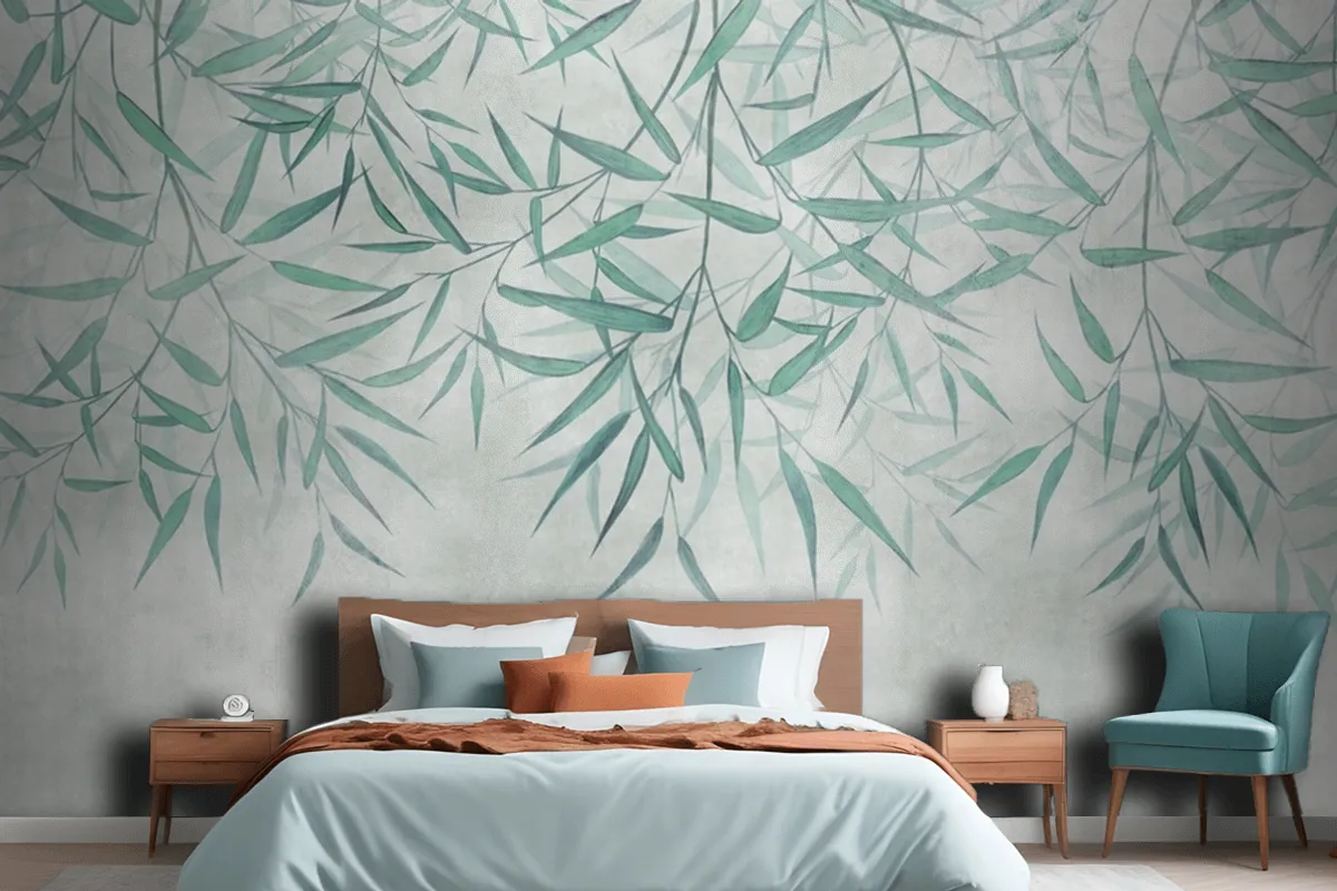 Painted Reed Bamboo Leaves Hanging From Above On A Textured Background Wallpaper Mural