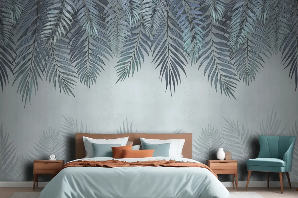 Palm Leaves In Pale Blue Flowers Wallpaper Mural