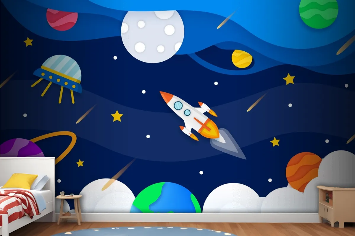 Paper Style Galaxy With Rocket Wallpaper Mural