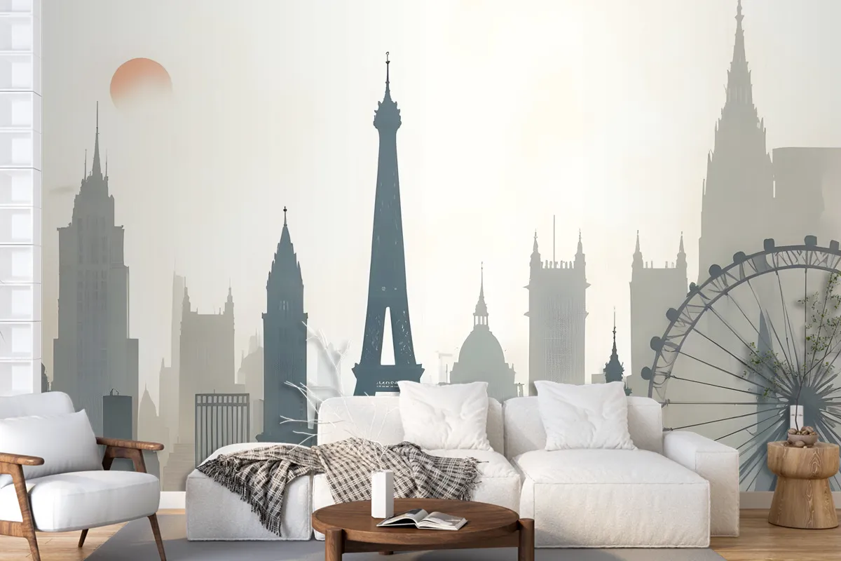 Paris City With Eiffel Tower And Amusement Park Wallpaper Mural