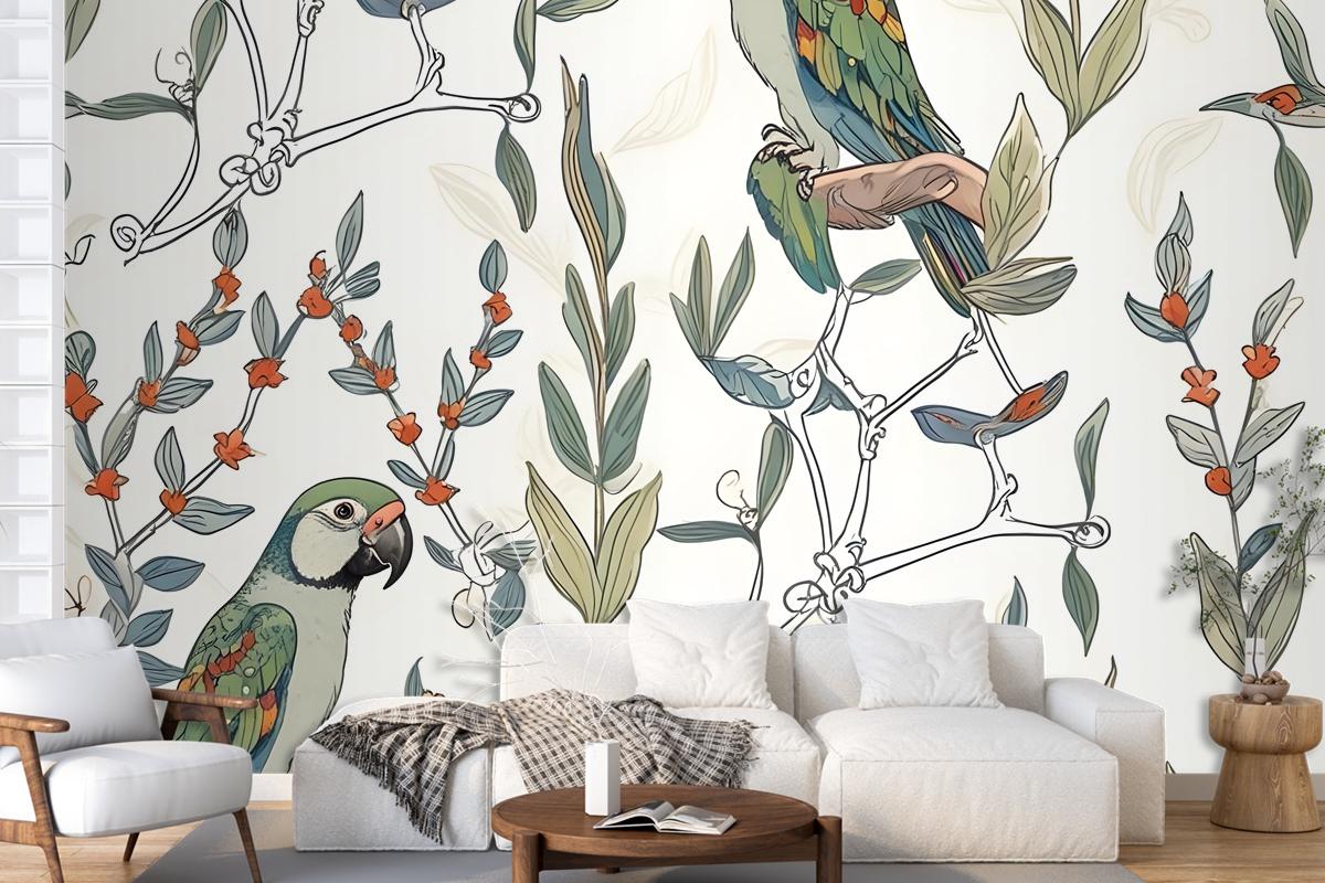 Parrot On Branches Wallpaper Mural