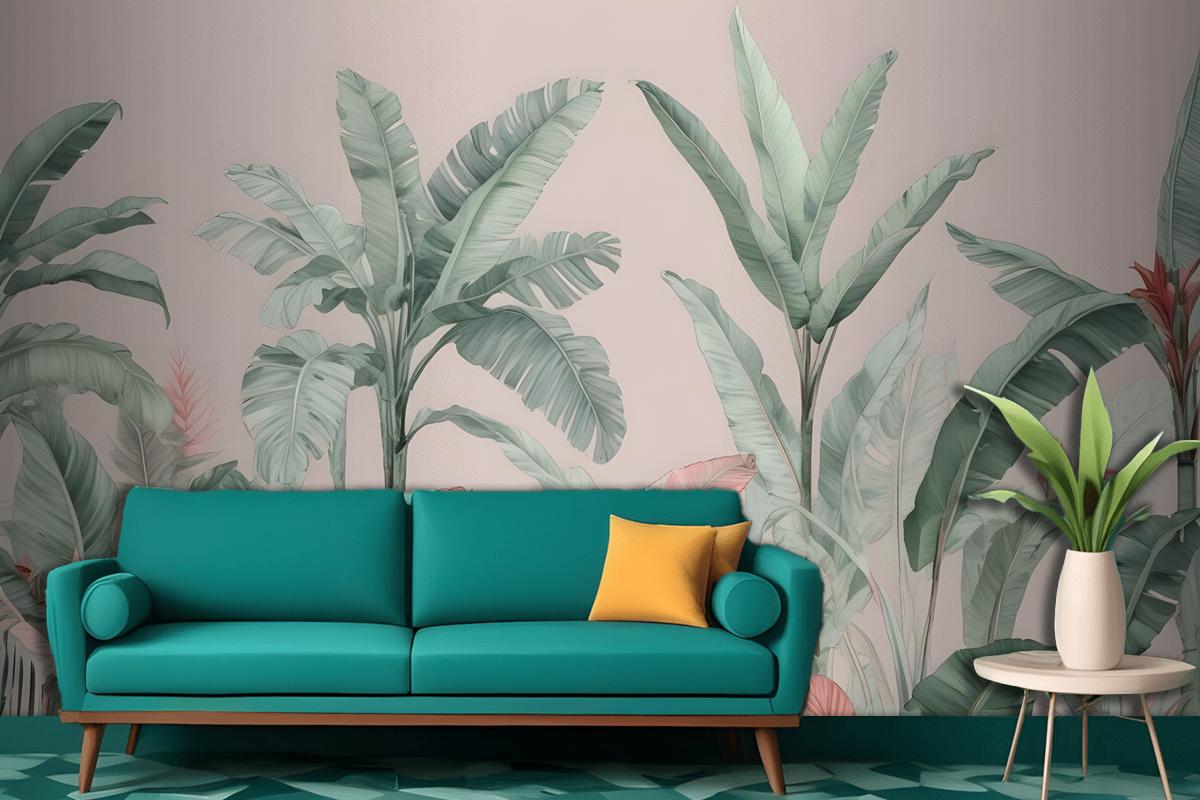 Pastel Pink & Green Vintage Tropical Wallpaper Mural