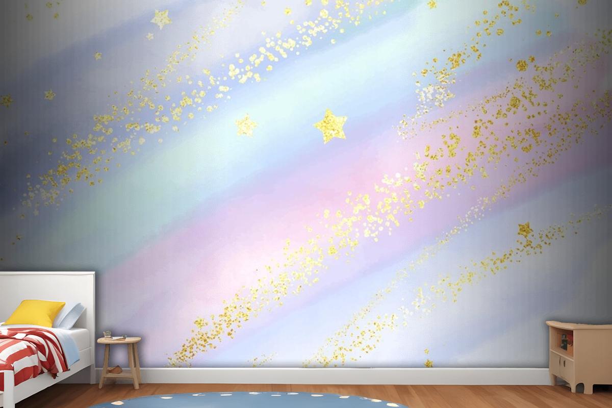 Pastel Watercolour Background With Glittery Gold Stars And Confetti Wallpaper Mural