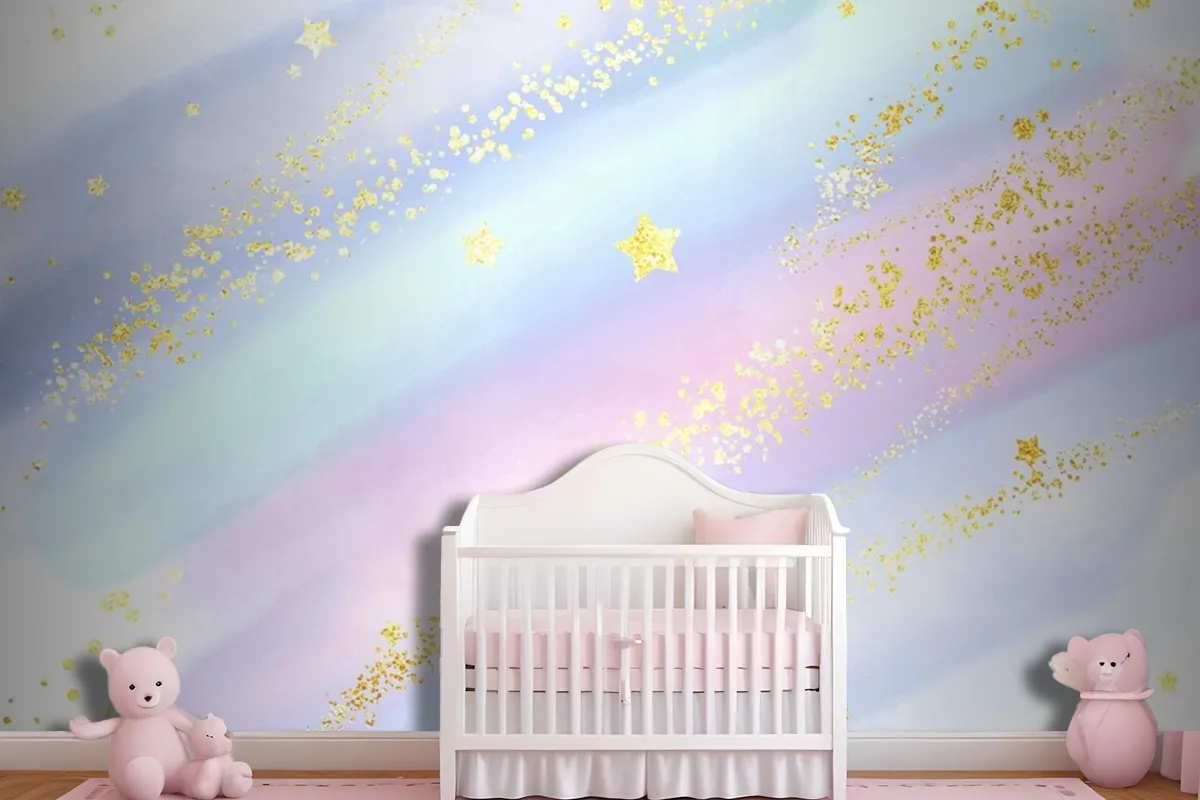 Pastel Watercolour Background With Glittery Gold Stars And Confetti Wallpaper Mural