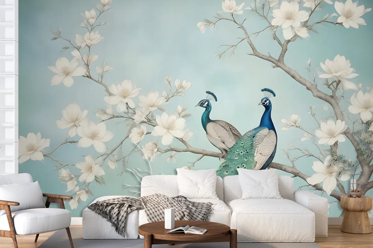 Peacock With Magnolia Blossom Wallpaper Mural