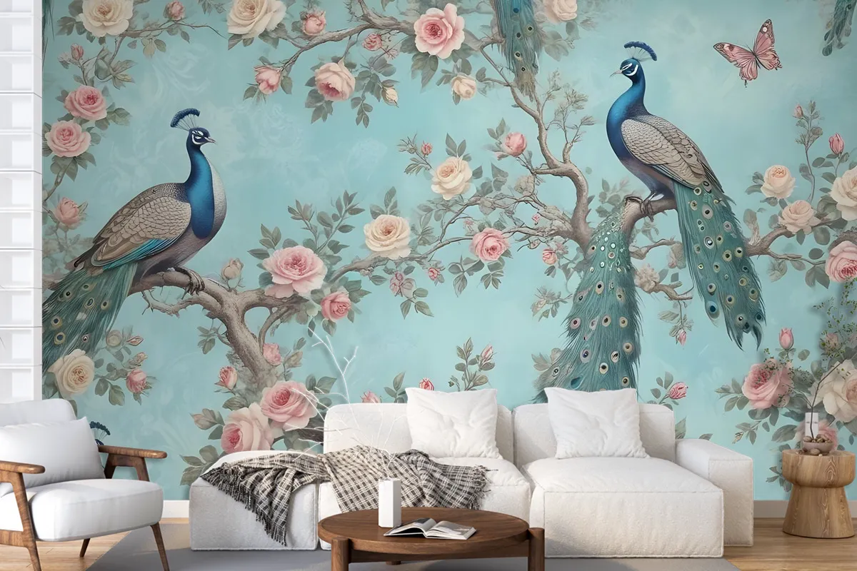 Peacock With Peony Blossom Wallpaper Mural