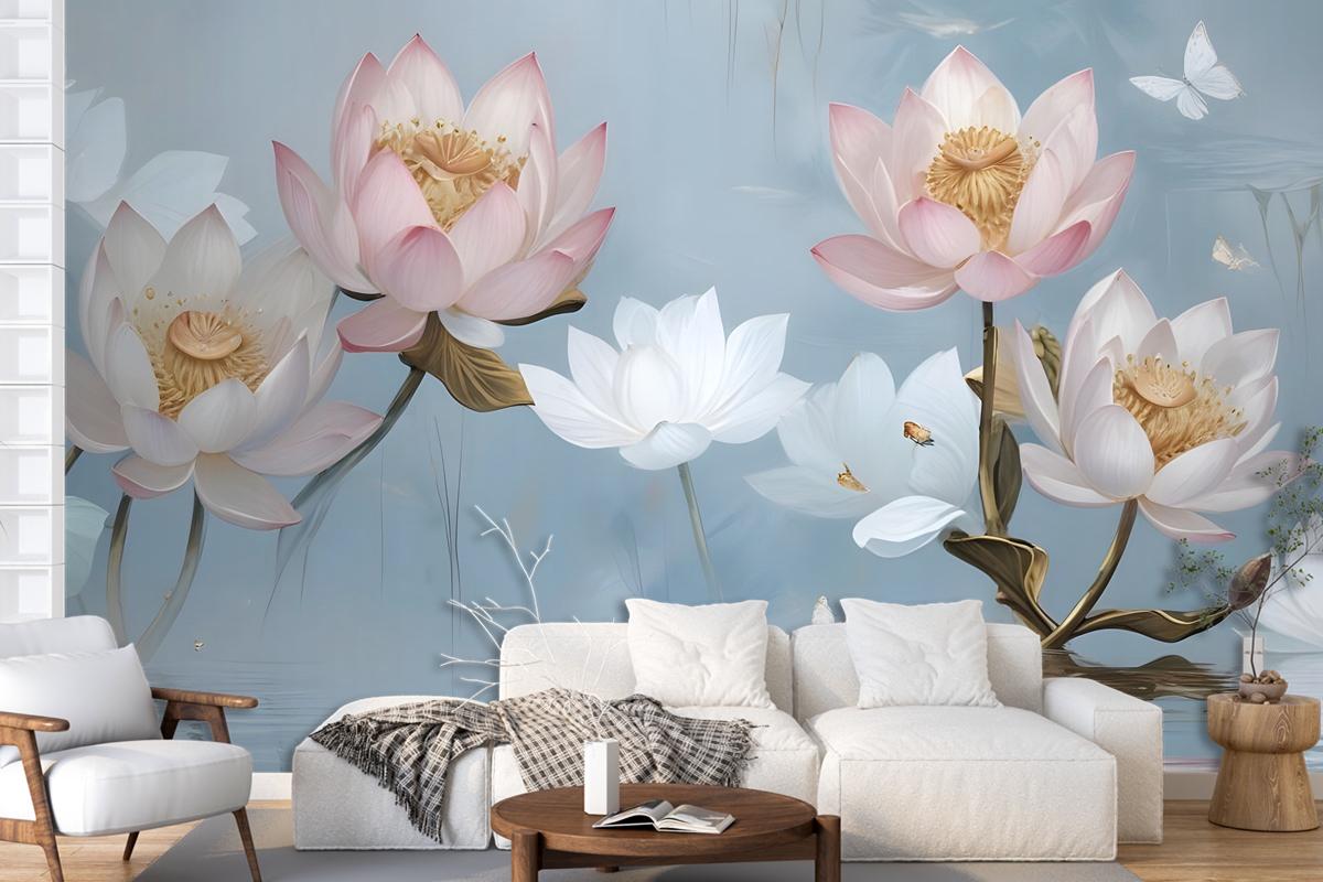 Pearl Lotus Flower And Little Butterfly Wallpaper Mural