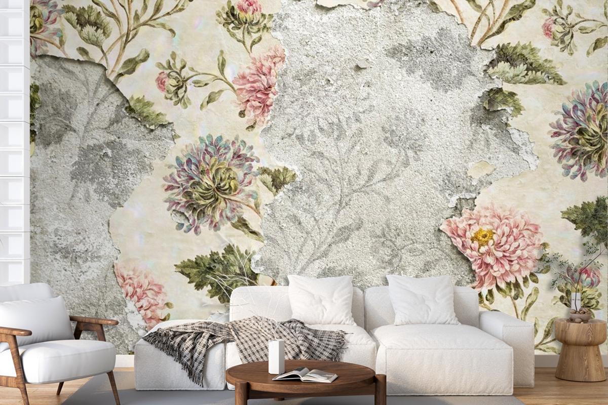 Peeling Floral Wallpaper On Concrete Wallpaper Mural