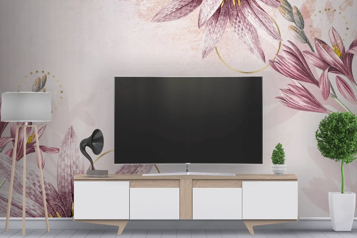 Pembe Amaryllis Desenli Arka Plan Tv Arkası Duvar Kağıdı