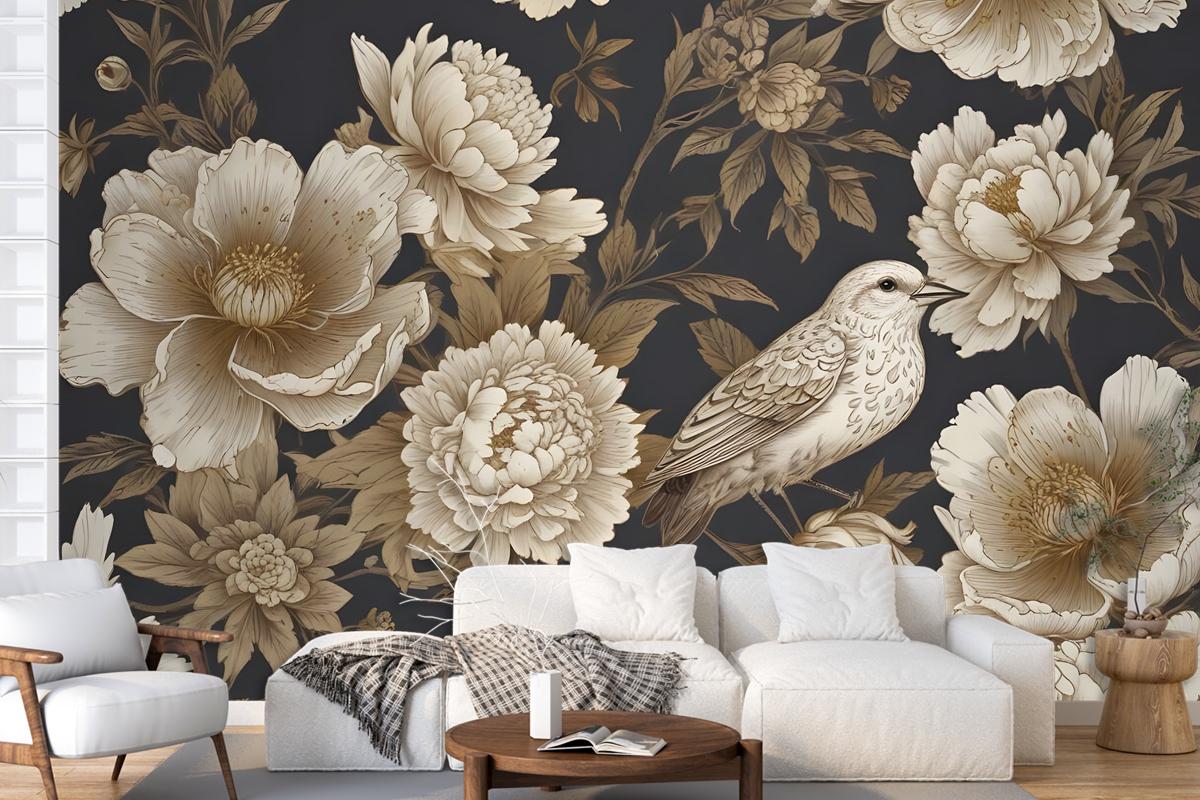 Peony Flowers With Bird Wallpaper Mural