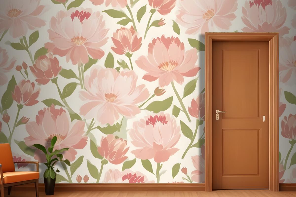 Pink And Peach Flowers With Green Leaves On A Light Wallpaper Mural