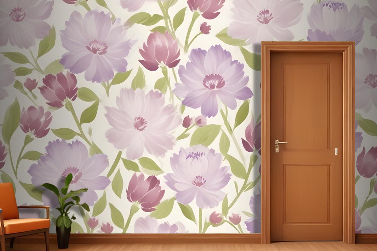 Pink And Purple Flowers With Green Leaves On A Light Wallpaper Mural