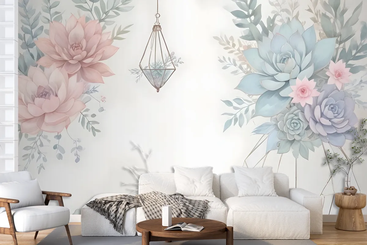 Pink Blue Soft Floral Wallpaper Mural