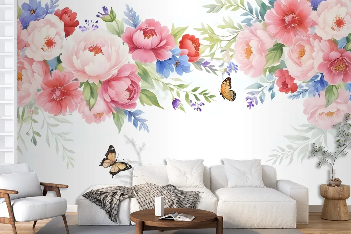 Pink Boho Vine Florals Wallpaper Mural