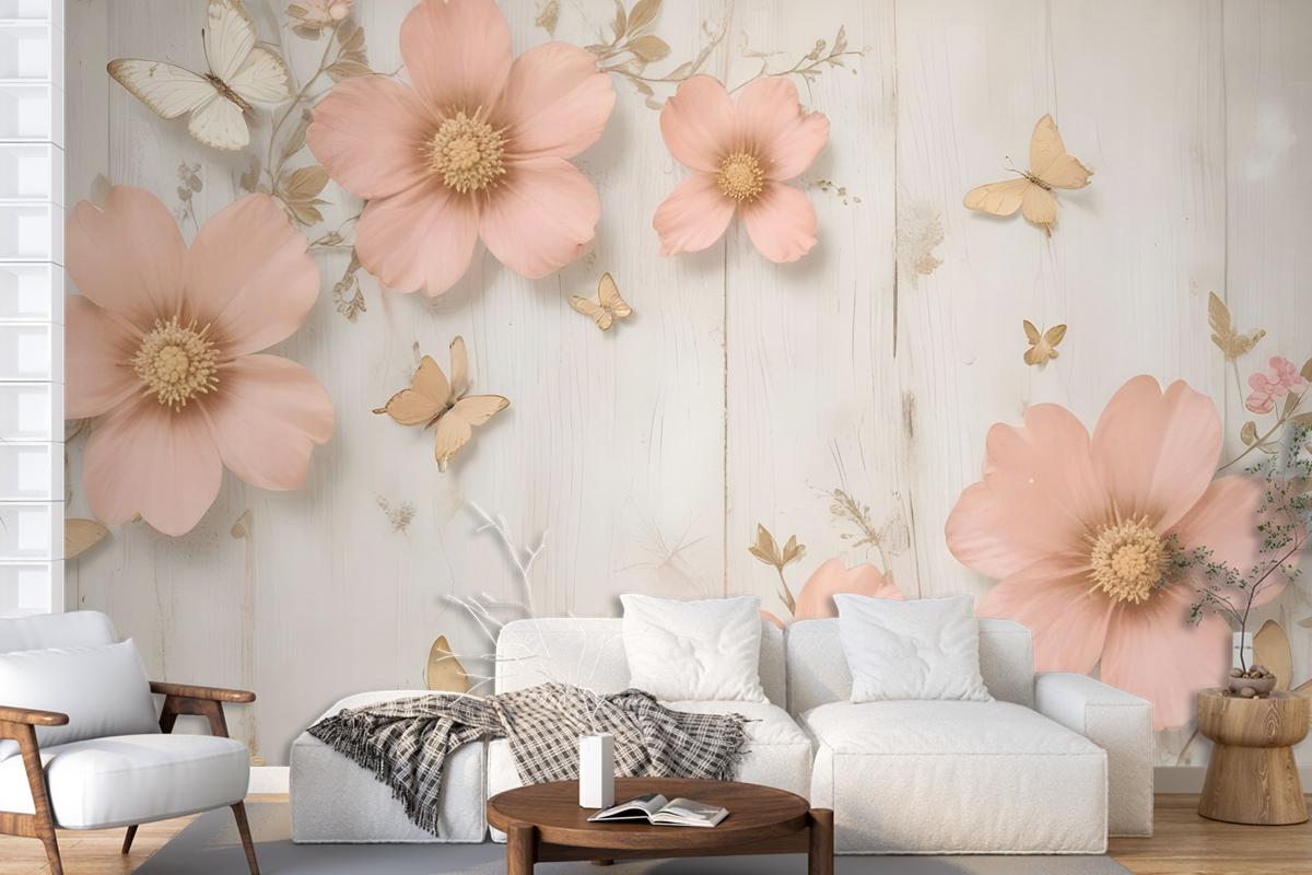 Pink Diamond Daisy With Butterflies Wallpaper Mural