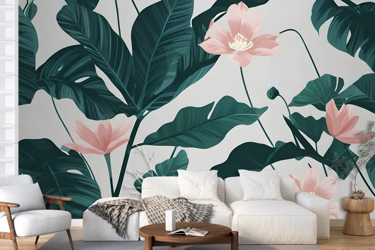 Pink Flower And Leaves Wallpaper Mural