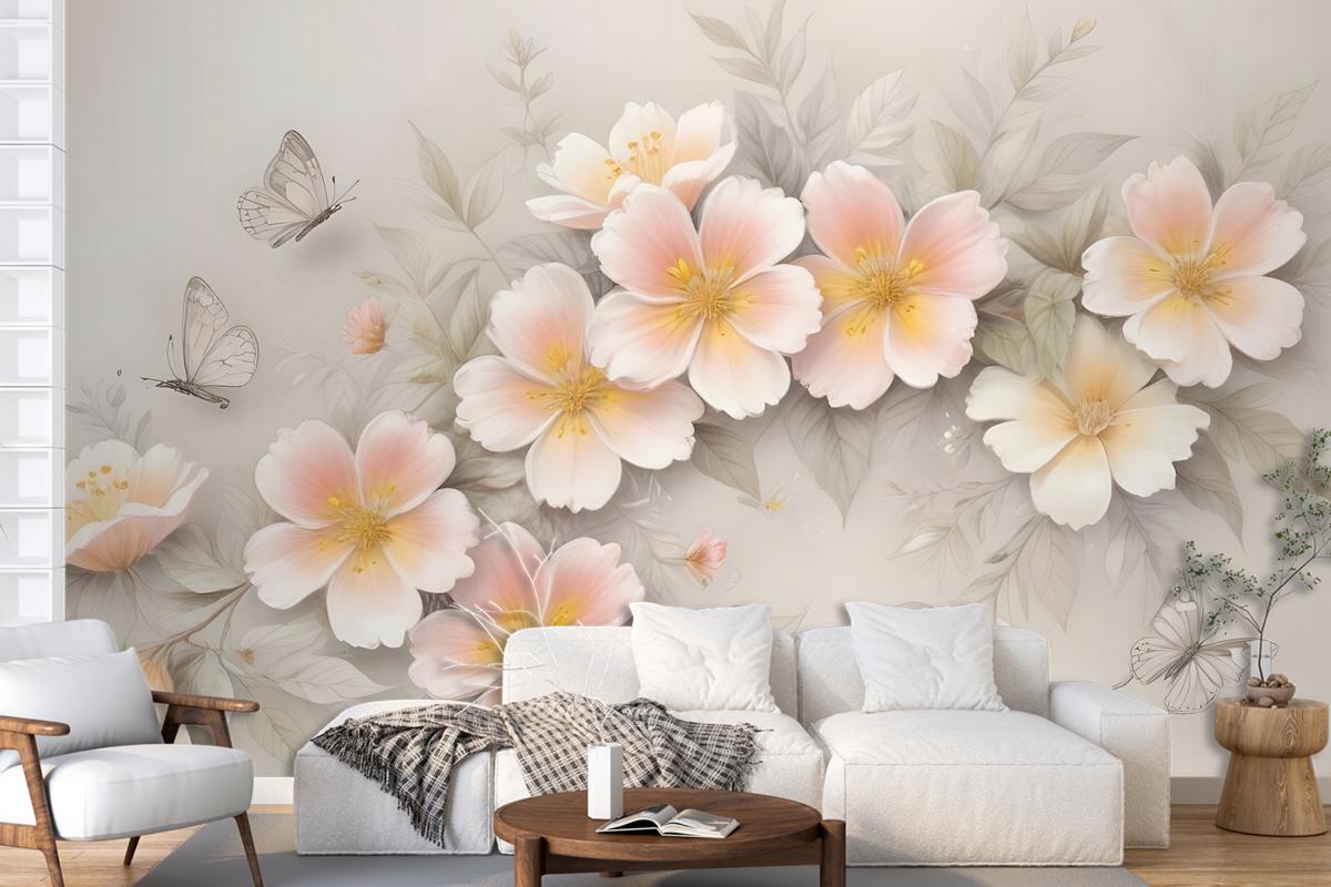 Pink Flower And White Butterfly Wallpaper Mural