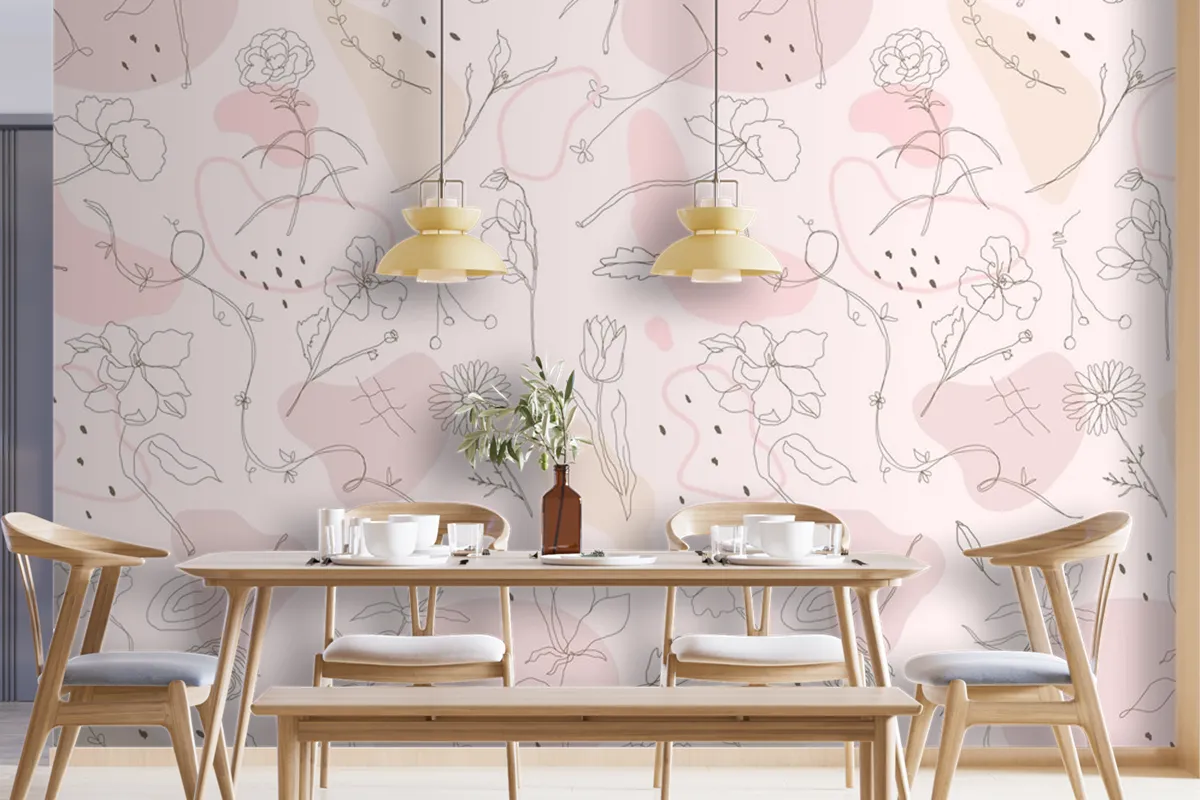 Pink Flower Pattern Wallpaper Hand Drawn Style Wallpaper Mural