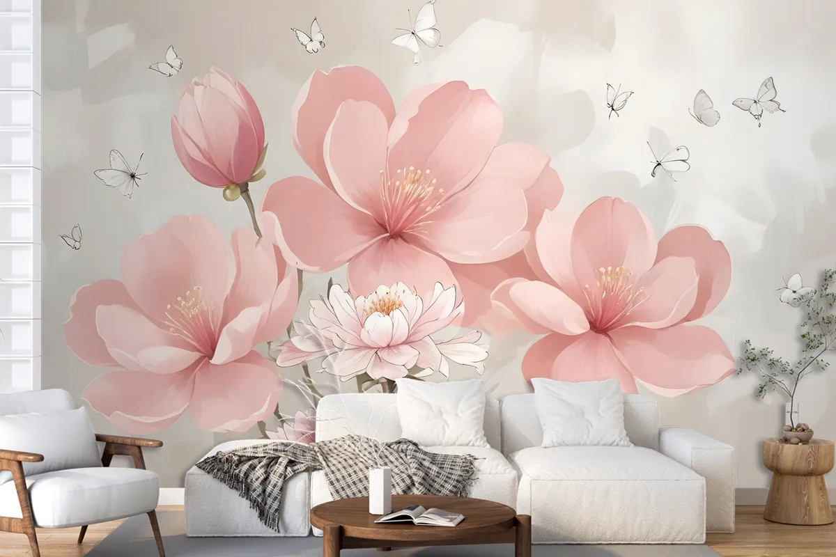 Pink Hdrangea Floral With Little Butterfly Wallpaper Mural