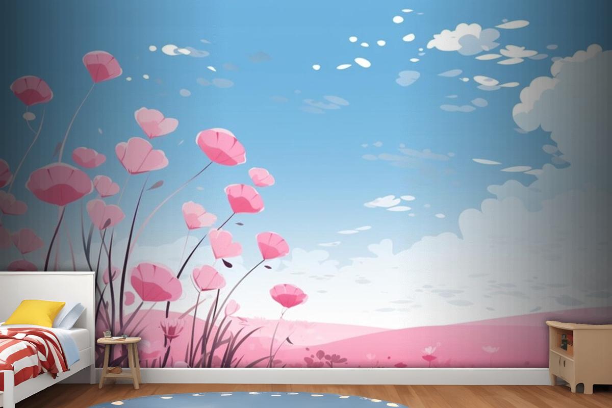 Pink Hearts In The Sky With Flowers And Clouds Wallpaper Mural